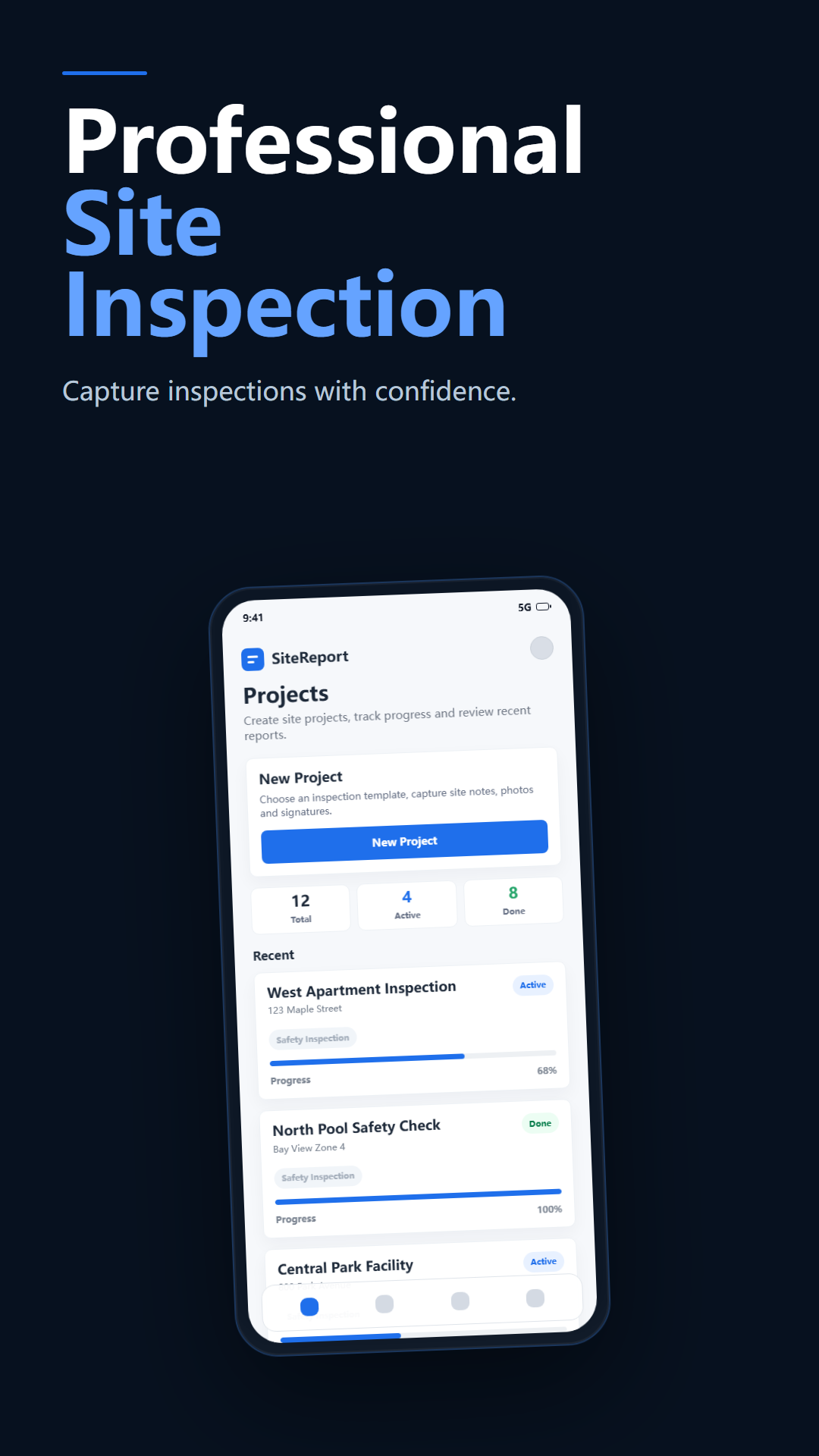 SiteReport app interface screenshot
